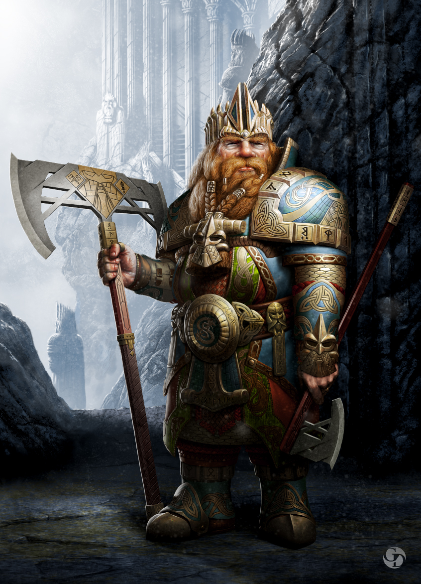 Regal looking armoured Dwarf duel wielding axes