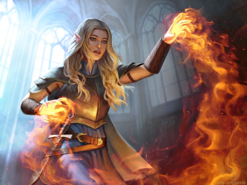 Elven mage casting a fiery magic spell