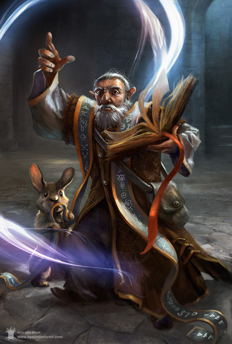 A gnome mage casting a spell from his spellbook