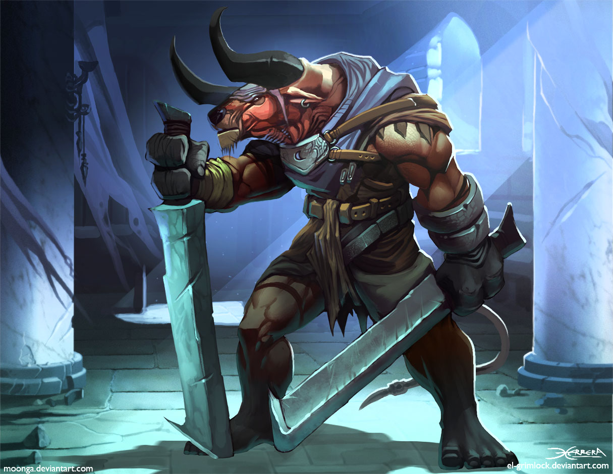 A strong minotaur wielding two oversized swords.