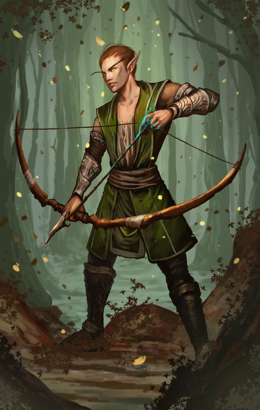 Wood-elf drawing a bow back in the woods.